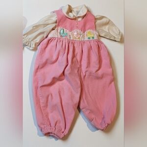 Vintage Pink Baby Girls Corduroy Overalls with Embroidered Prams. Sz 6-9 Mos.